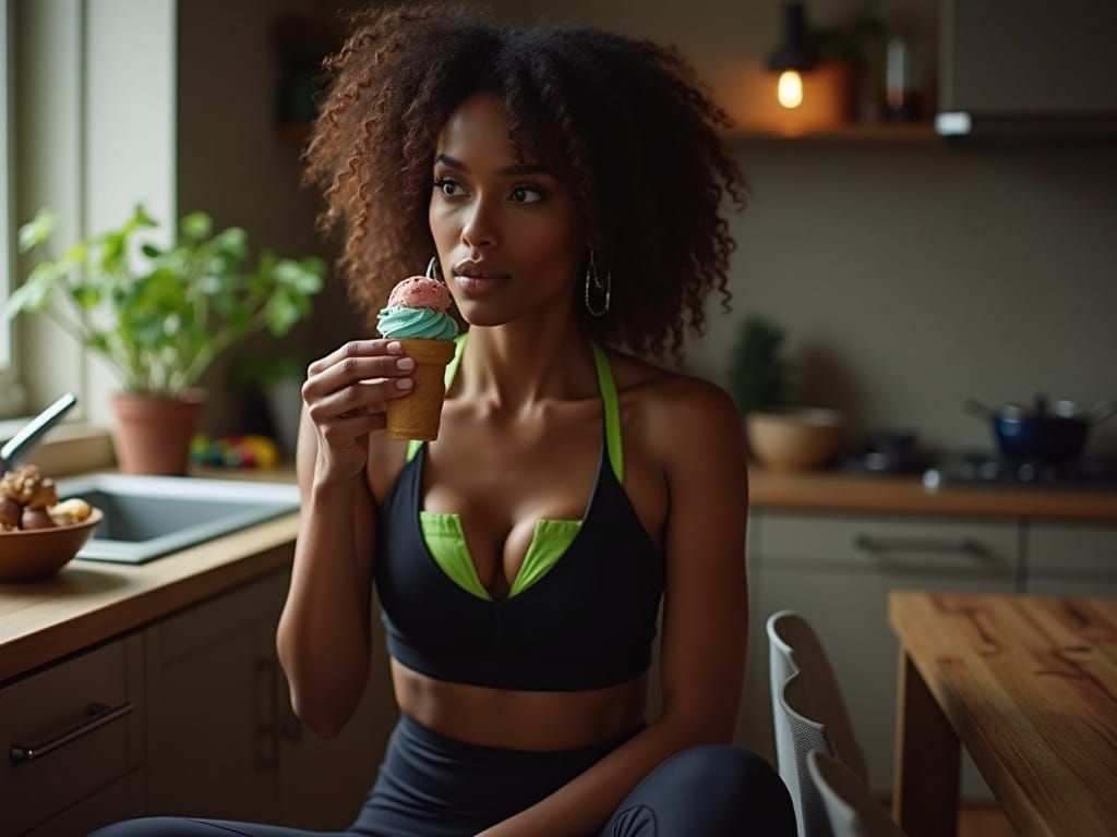 Young Black Woman Enjoying Ice Cream in Cozy Home