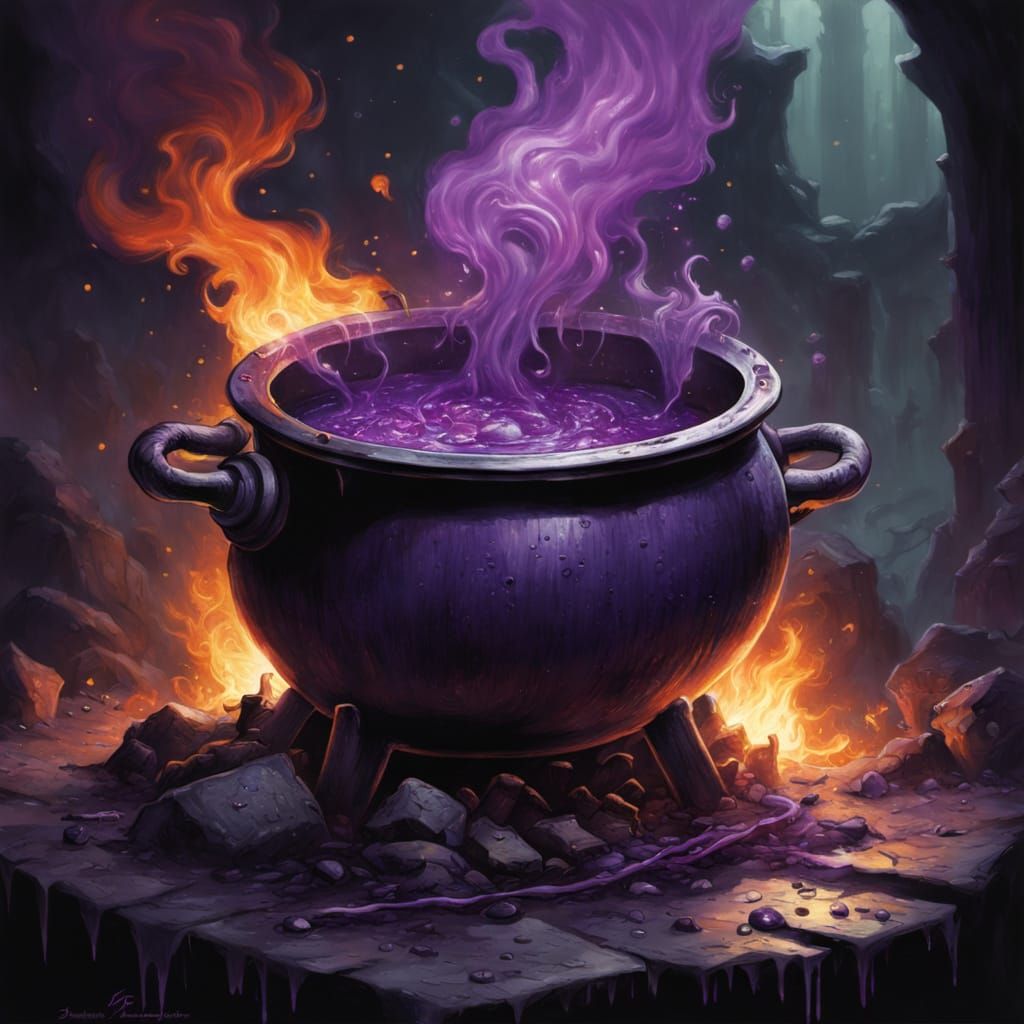 Cauldron filled with a boiling purple liquid 76