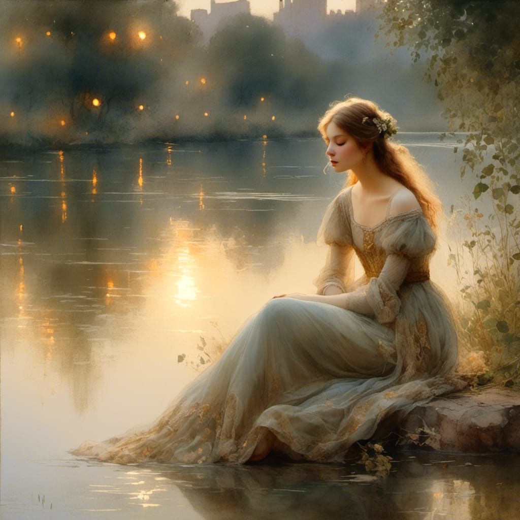 Girl by River in Romantic Neoclassical Style