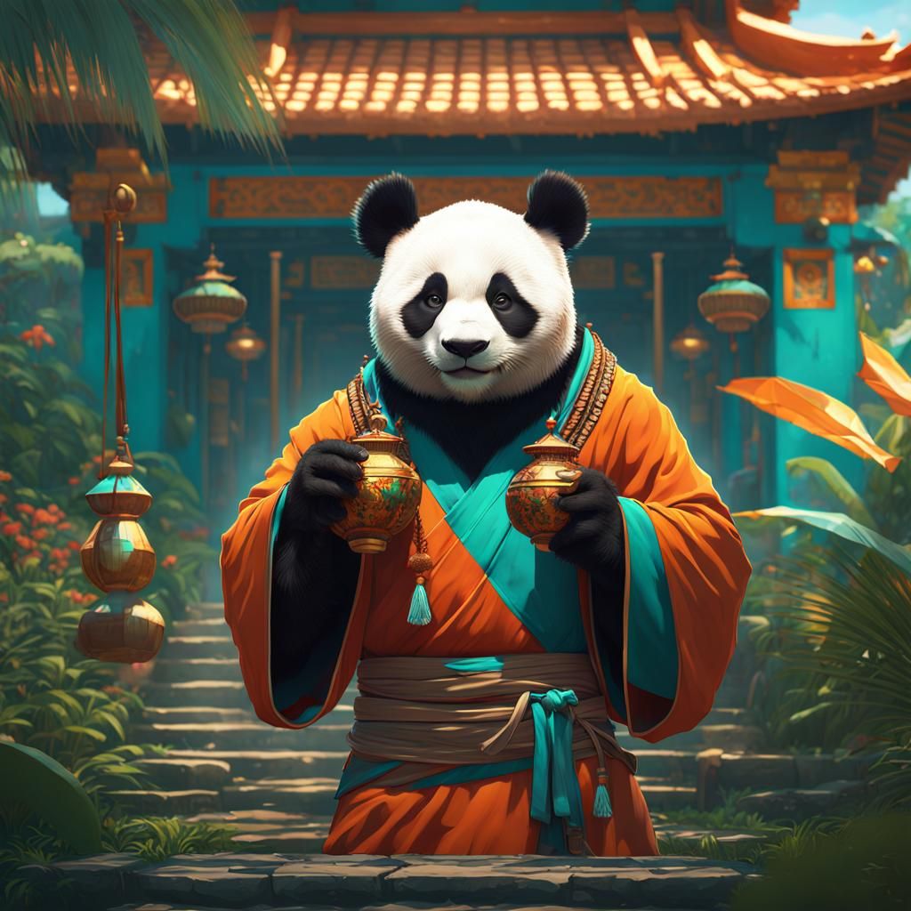 Panda Monks in Tropical Village, Digital Art