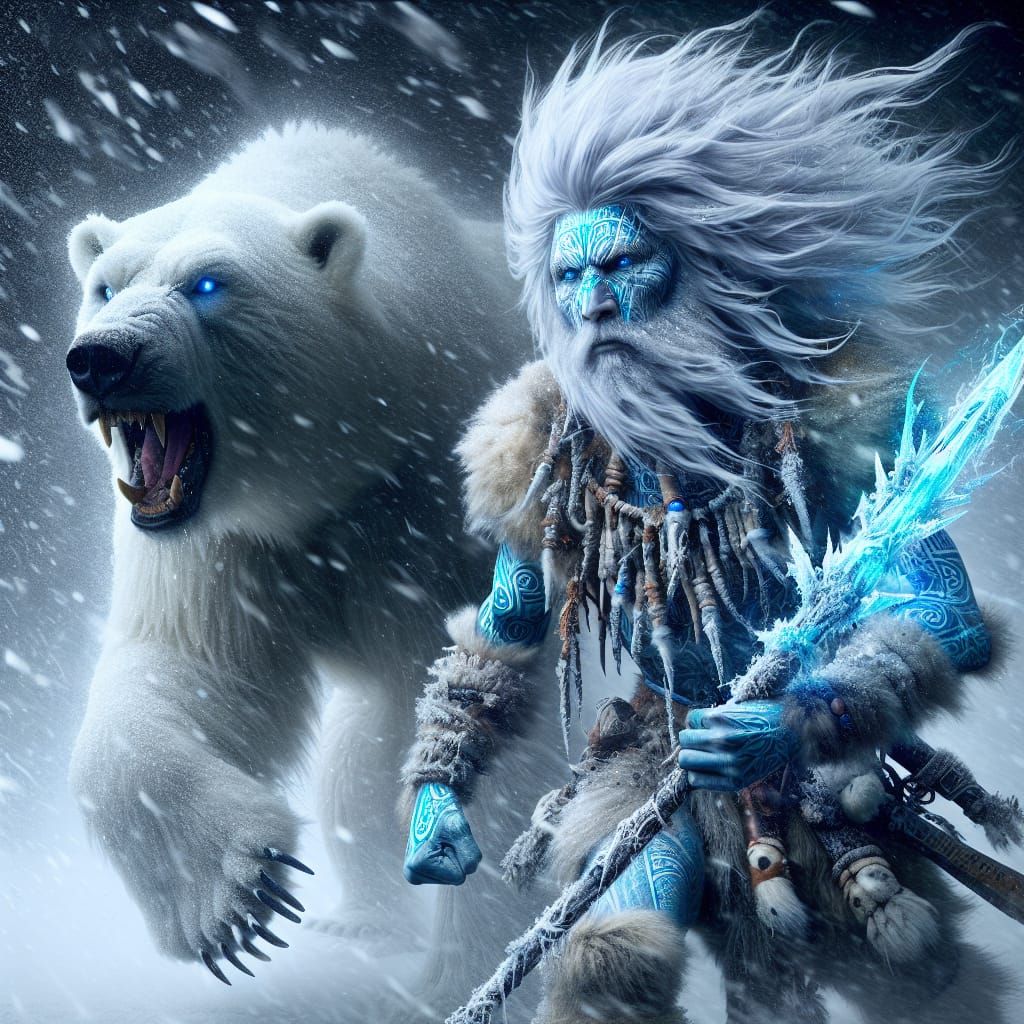 Snow Tribesman and Polar Bear in Storm