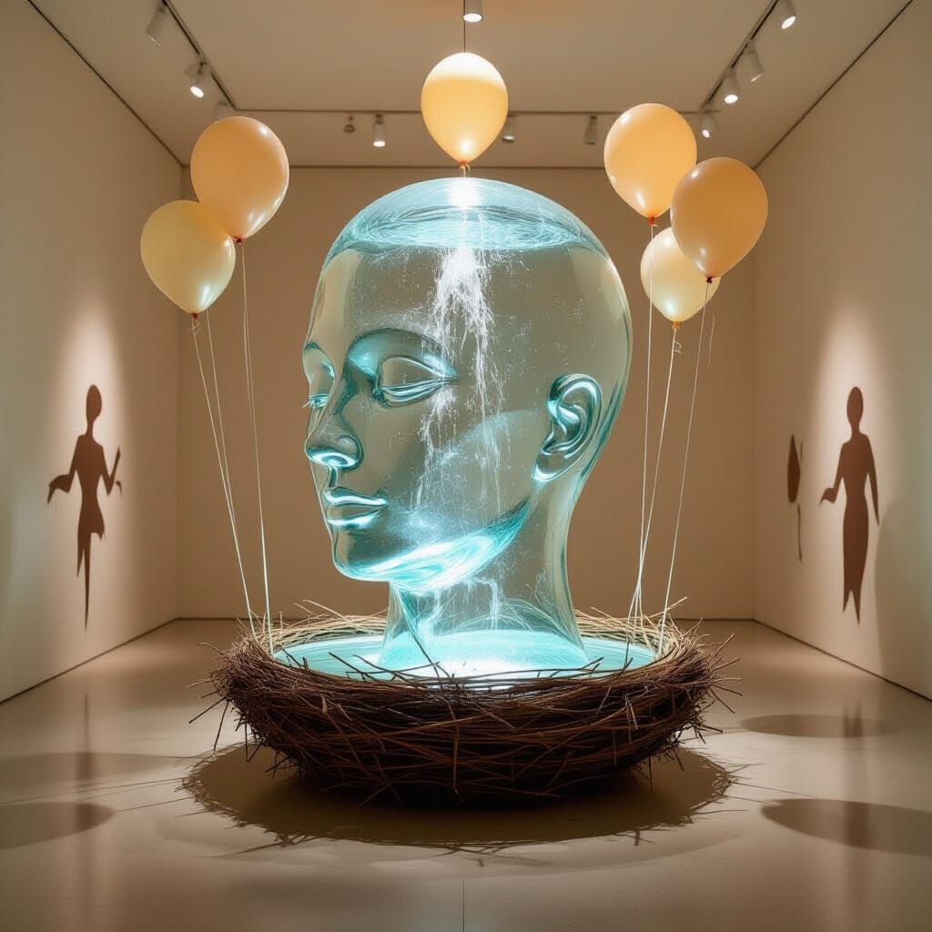 Glass Head Sculpture with Internal Fountain in Museum