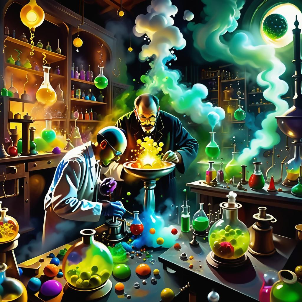Exploding Candy in Alchemist's Lab: Surreal Oil Painting