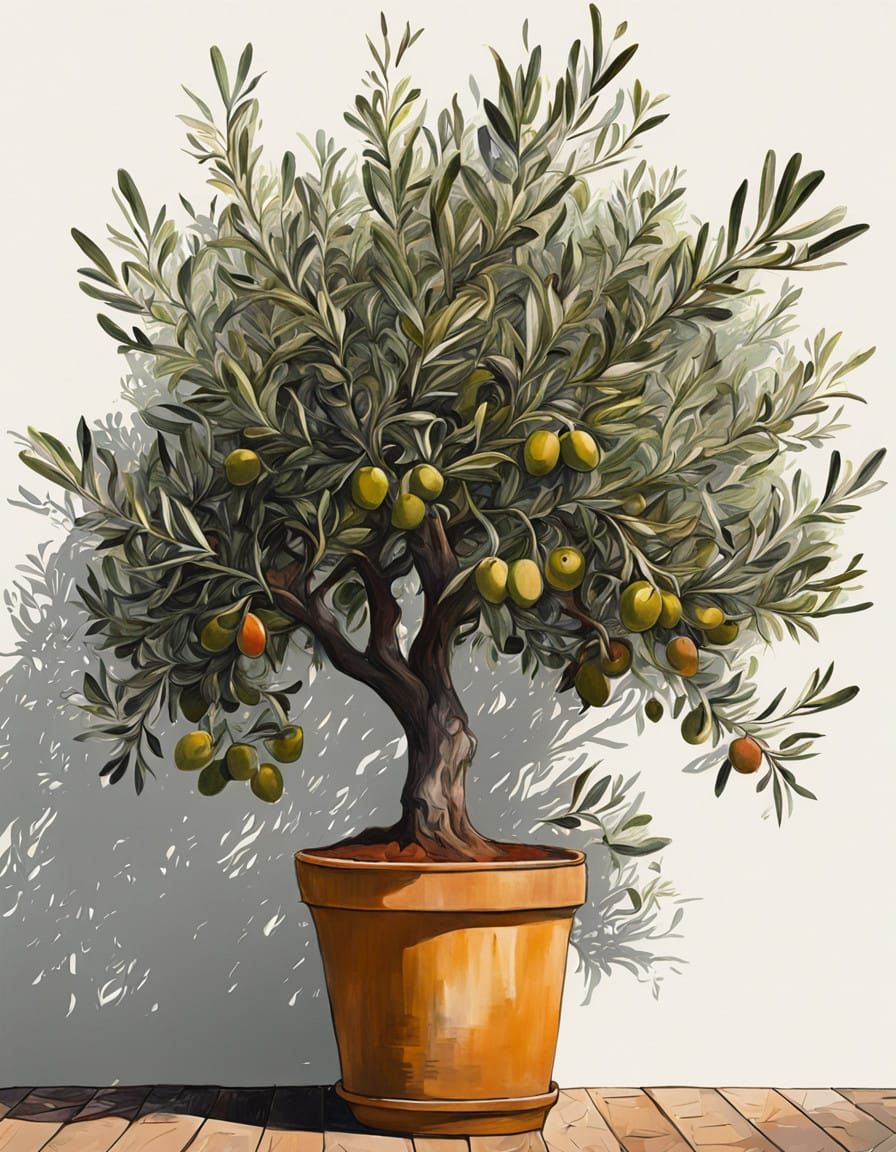 Vibrant Olive Tree in a Pot Blooms with Fruit