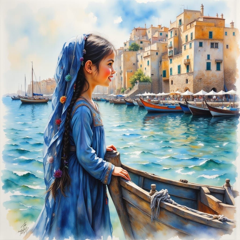 Thrilled Girl in Tunisian Boat Overlooks Yemeni Town