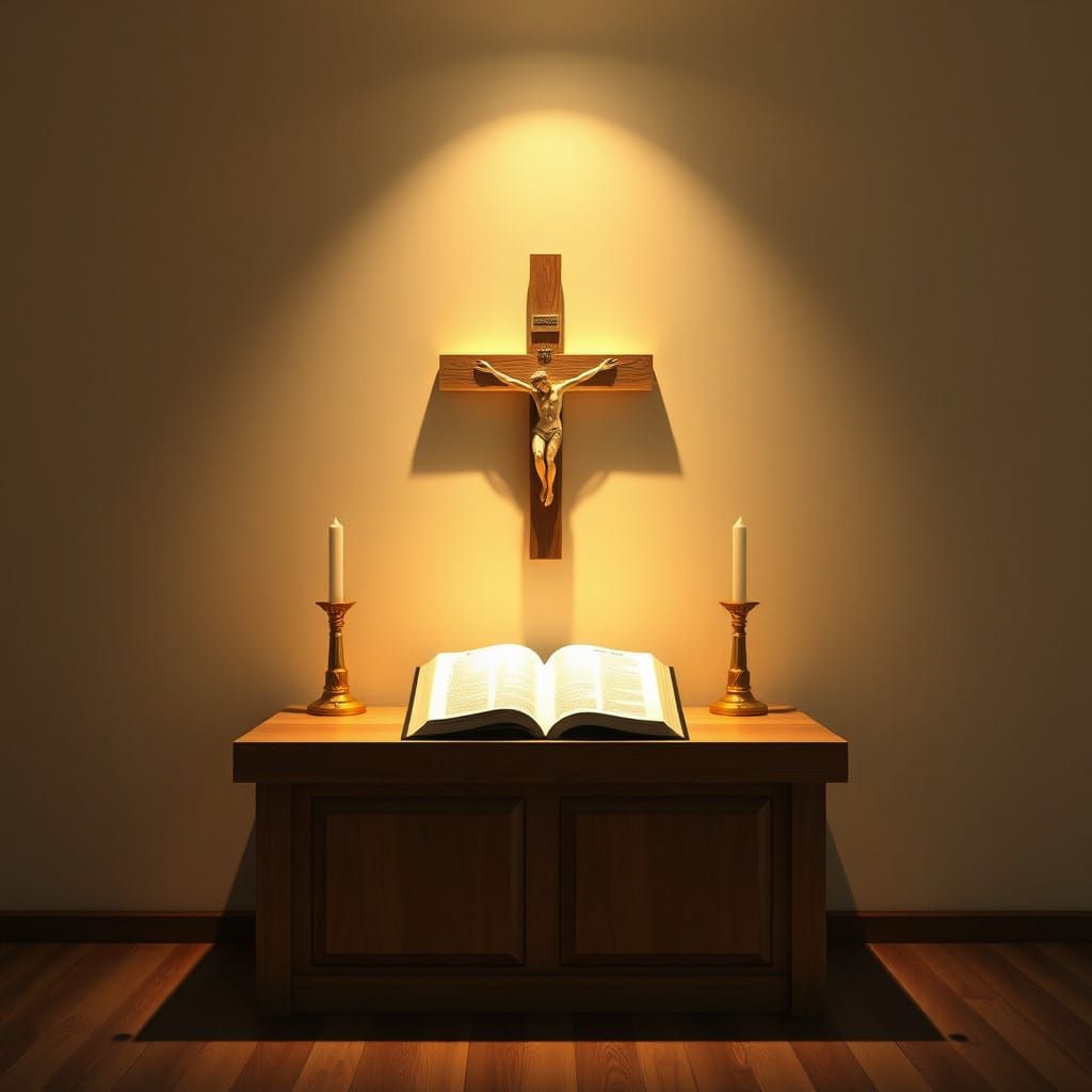 Surreal Wooden Altar in Warm, Golden Light with Simple Chris...