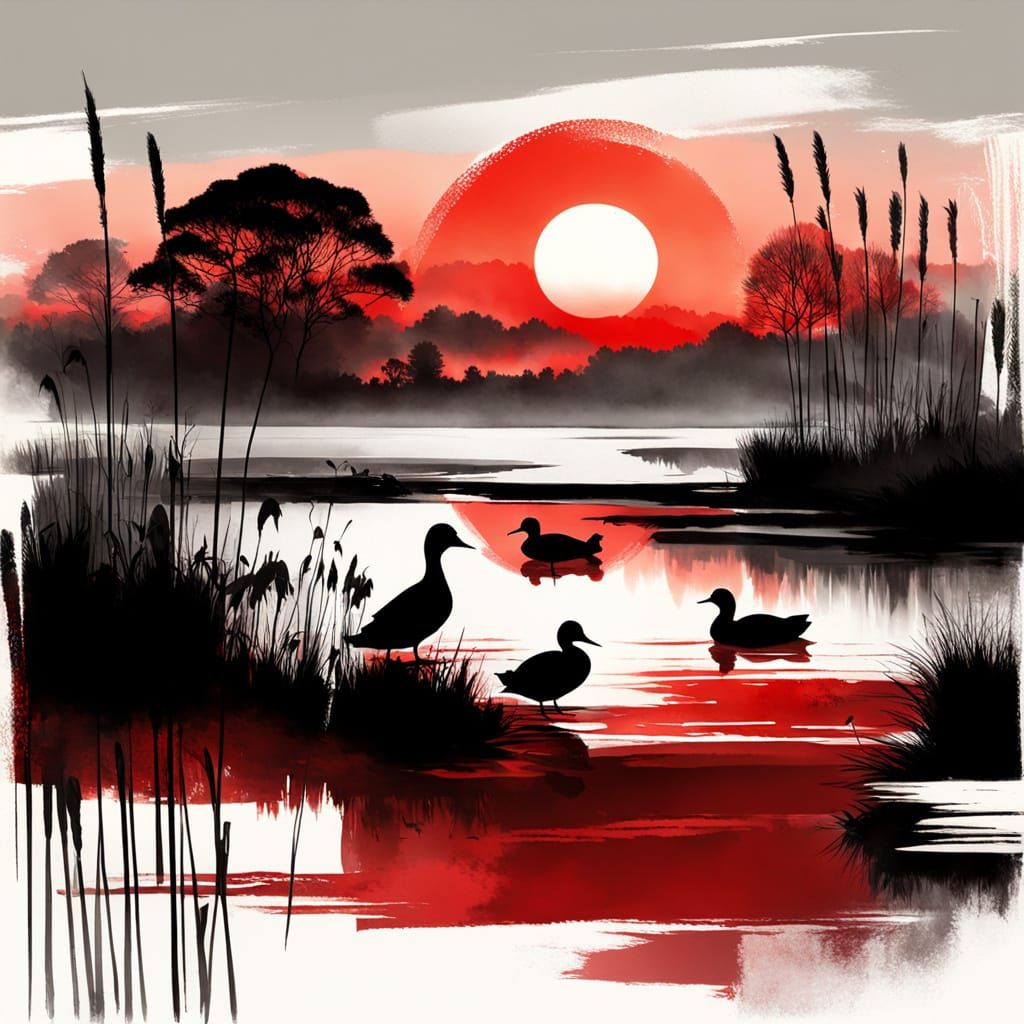Monochrome Red and Black Sunset with Ducks Flying
