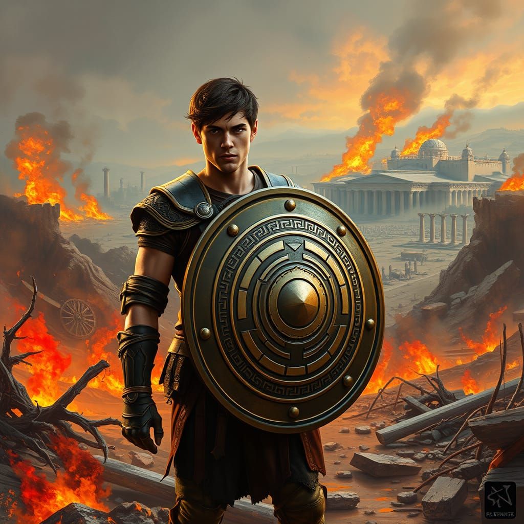 Heroic Percy Jackson in War-Torn Landscape