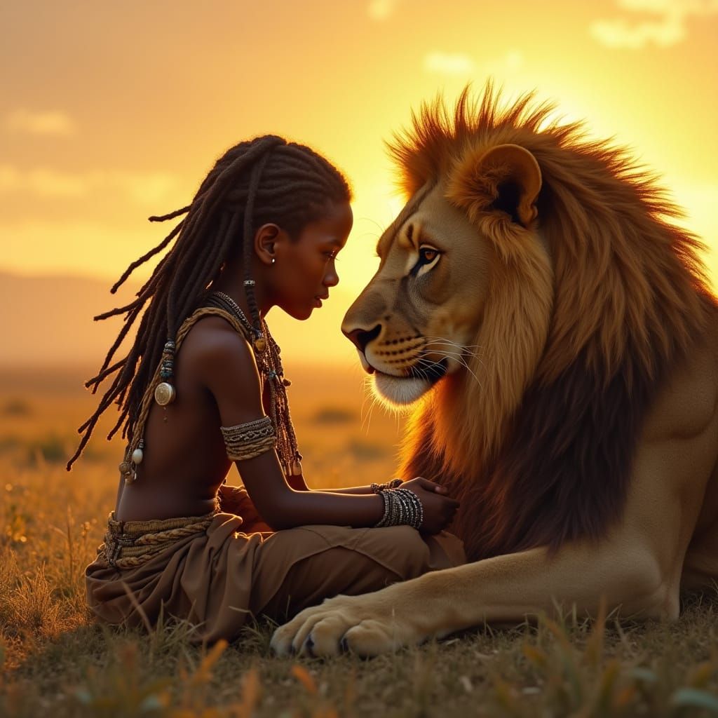 Boy and African Lion in Art Nouveau Sunset