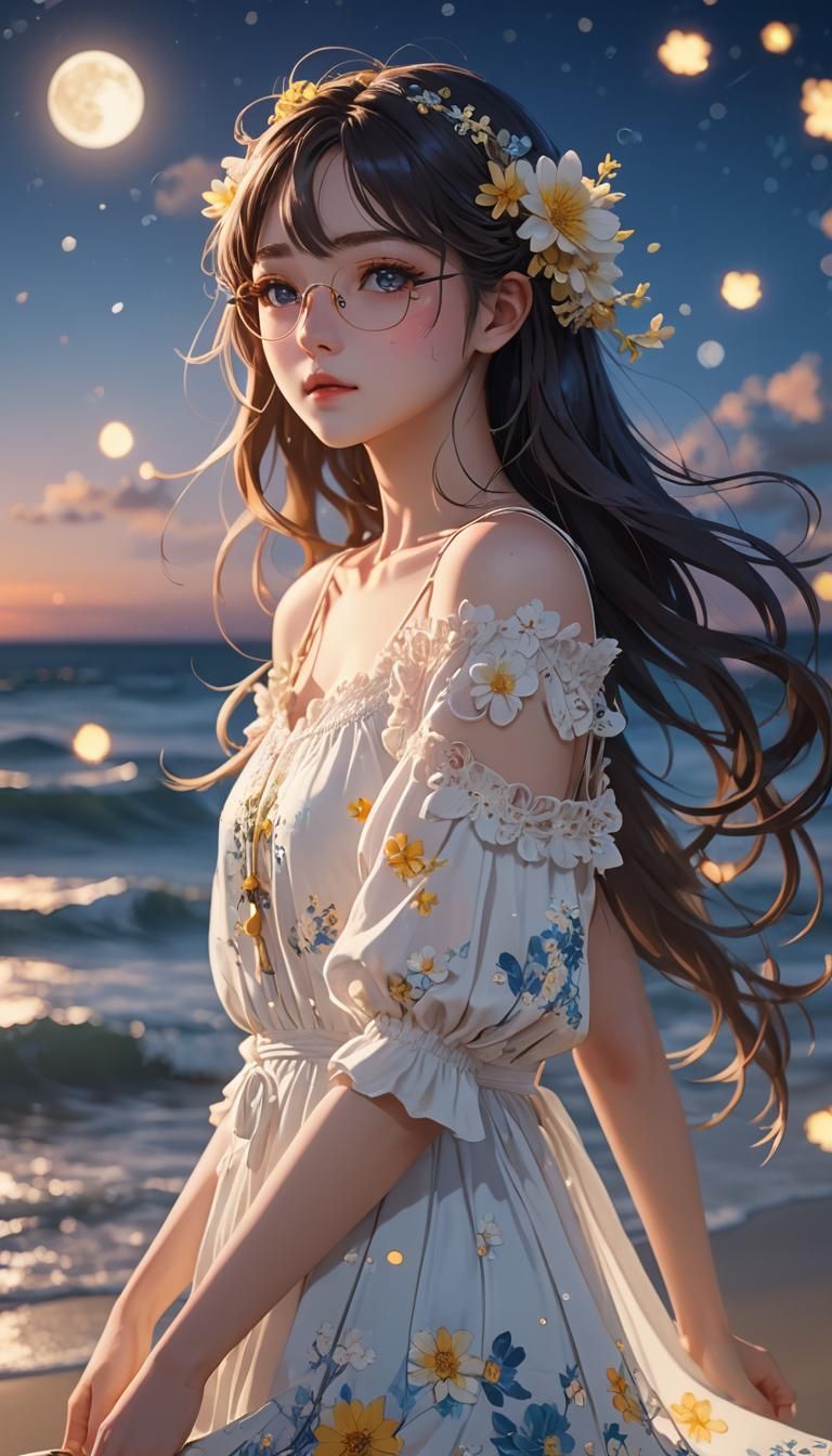 Anime Girl on Moonlit Beach in 3D Style