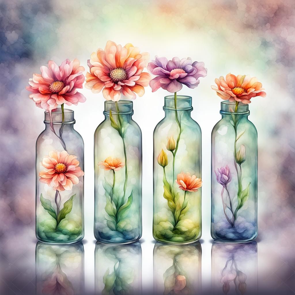 Surreal Flowers in Glass Bottles: Fantasy Dreamscape