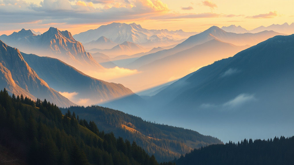 Serene Mountain Range at Dawn in Oil Painting Style