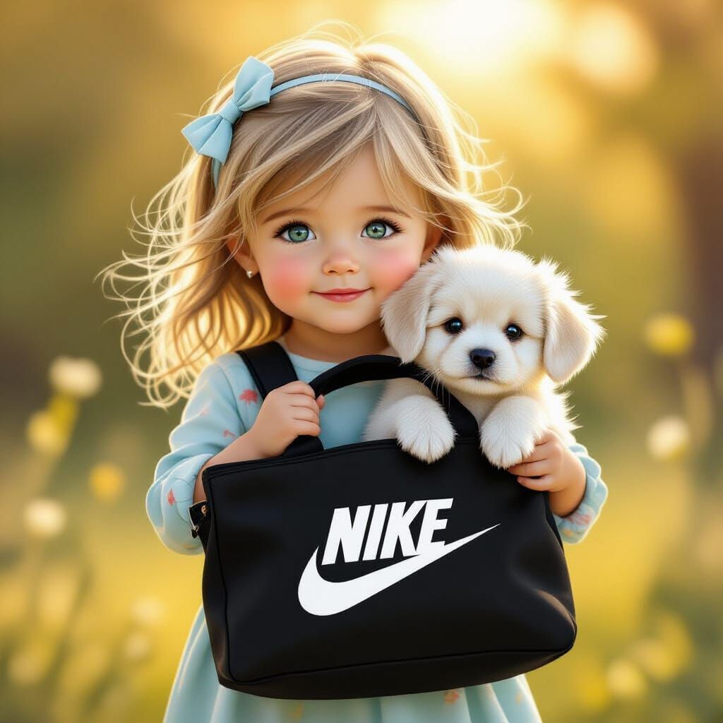 Cute Toddler Girl Holds Bag with Puppy