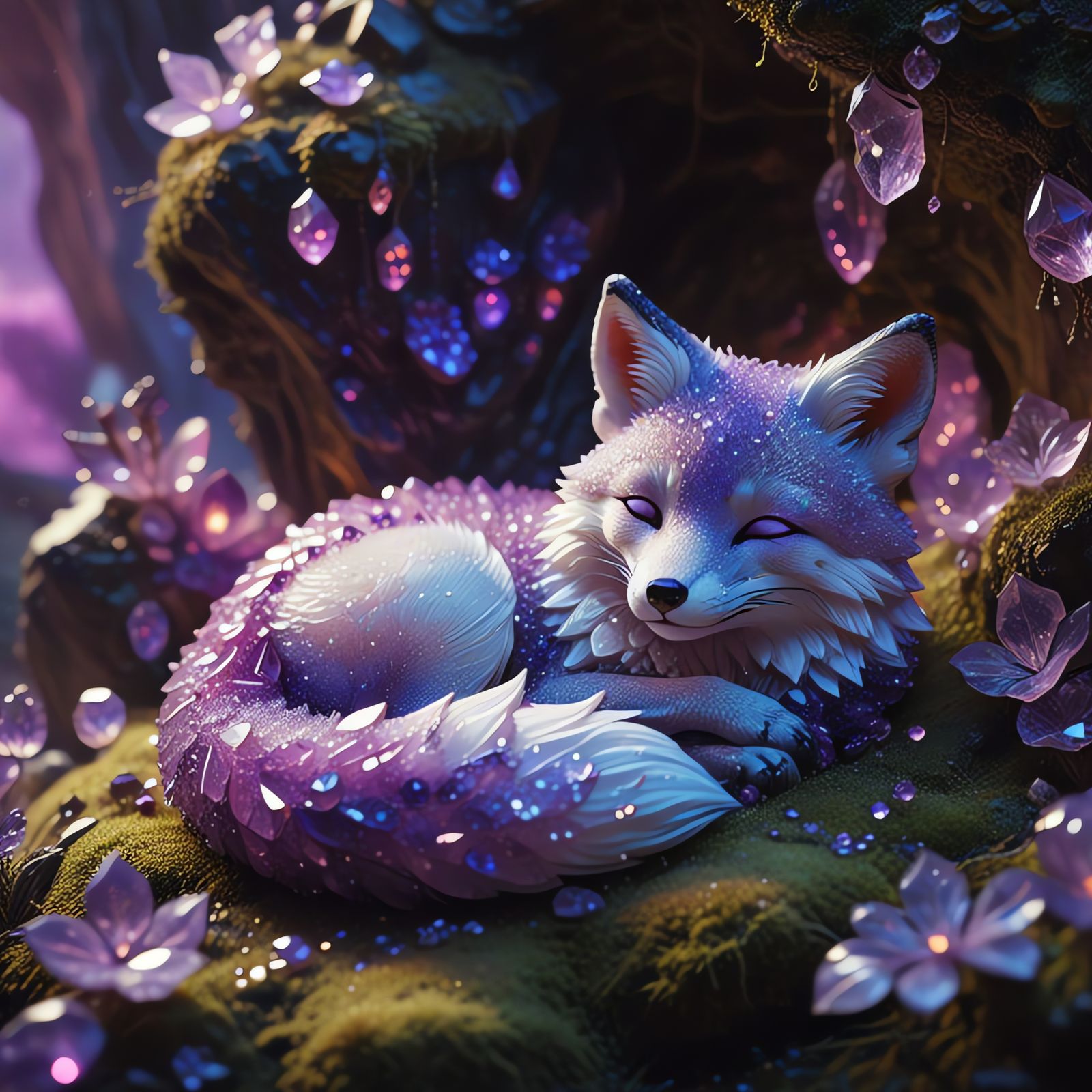 Crystal Fox Cub in Amethyst Geode, Watercolor Style