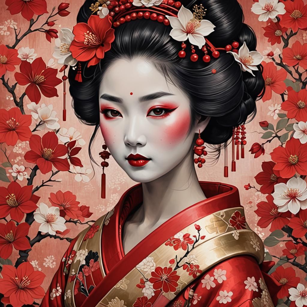 Vibrant Geisha Portrait in Shades of Red