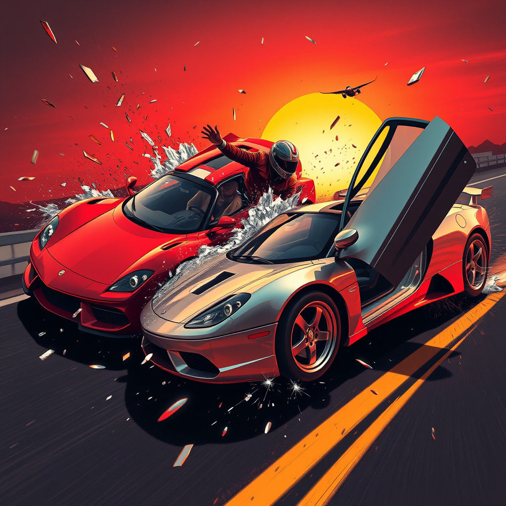 Fiery Sports Car Collision at Sunset