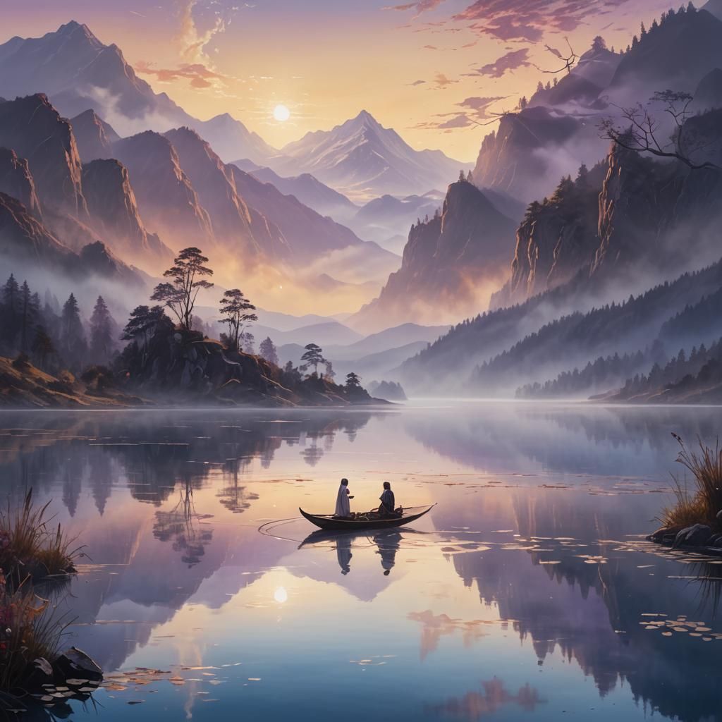 Ethereal Dawn Lakeside Fantasy Concept Art