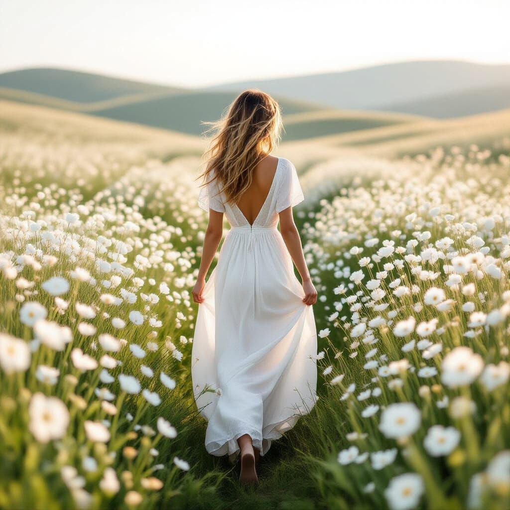 Woman Walking Through Hills of White Flowers