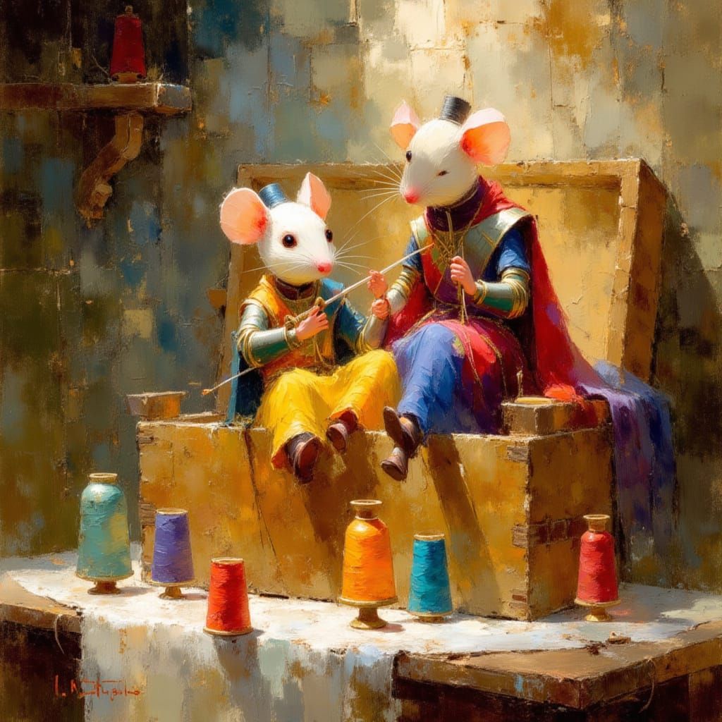 Mouse Children Play Knights in Sewing Box