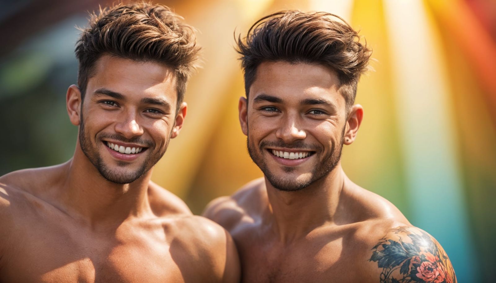 Joyful Men with Rainbow Backdrop