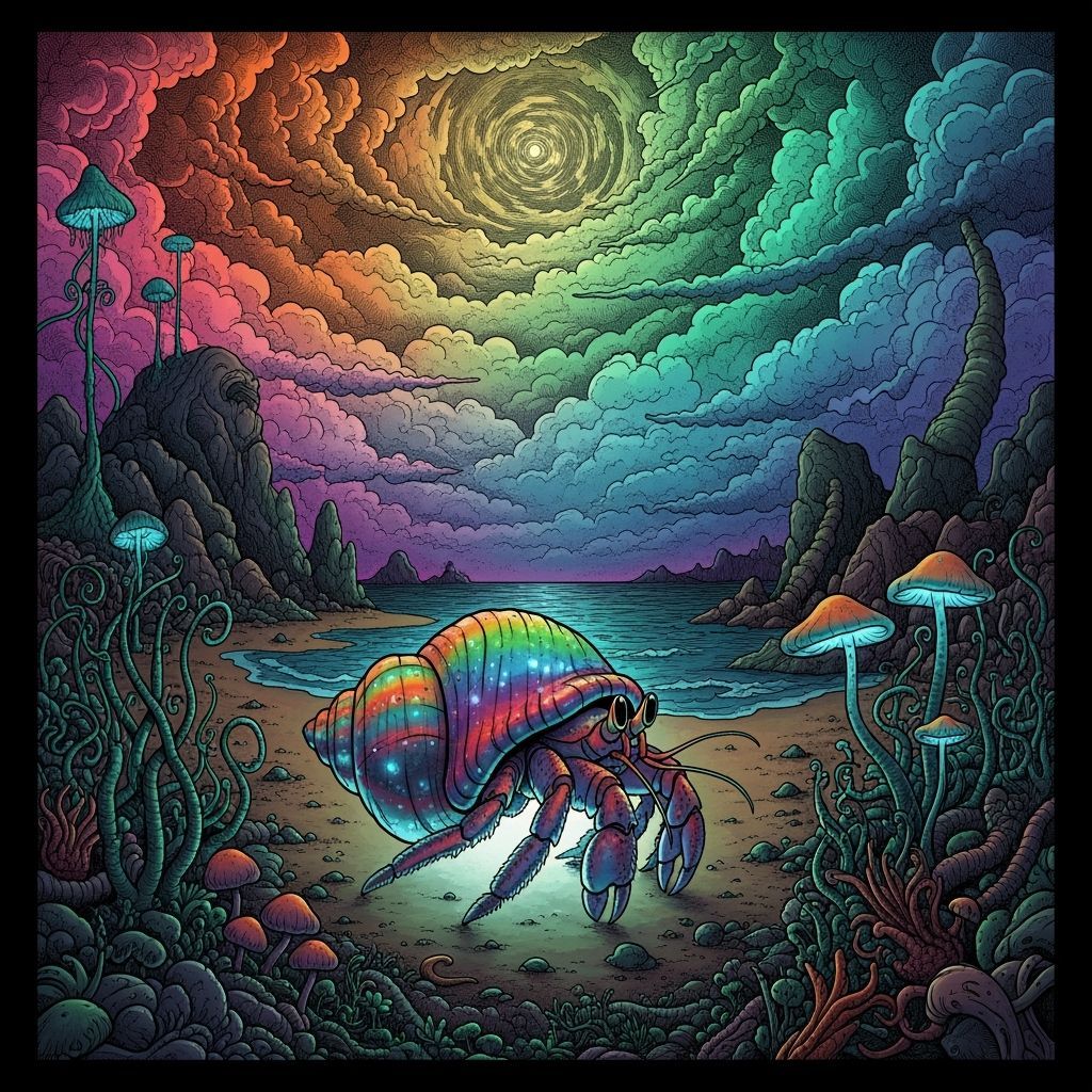 Bioluminescent Crab on Alien Beach, a Surrealist Vision