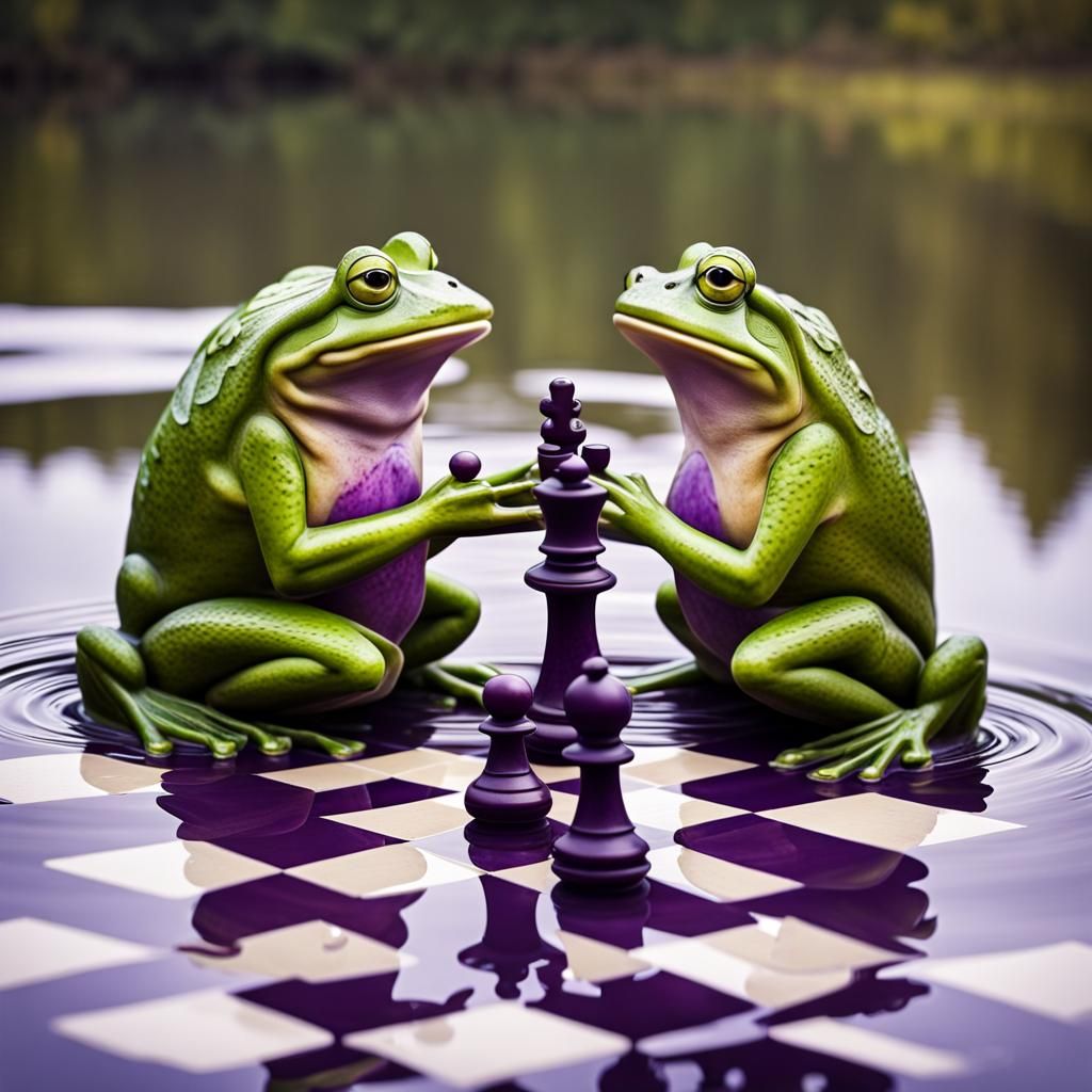 Frogs Playing Chess on River Under Purple Sun