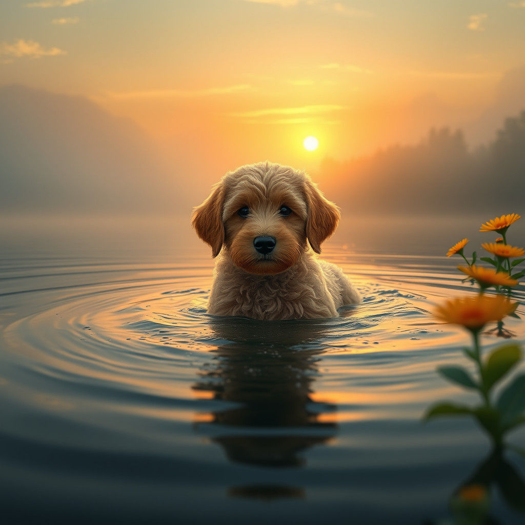 Golden Doodle Puppy's Serene Dawn Swim