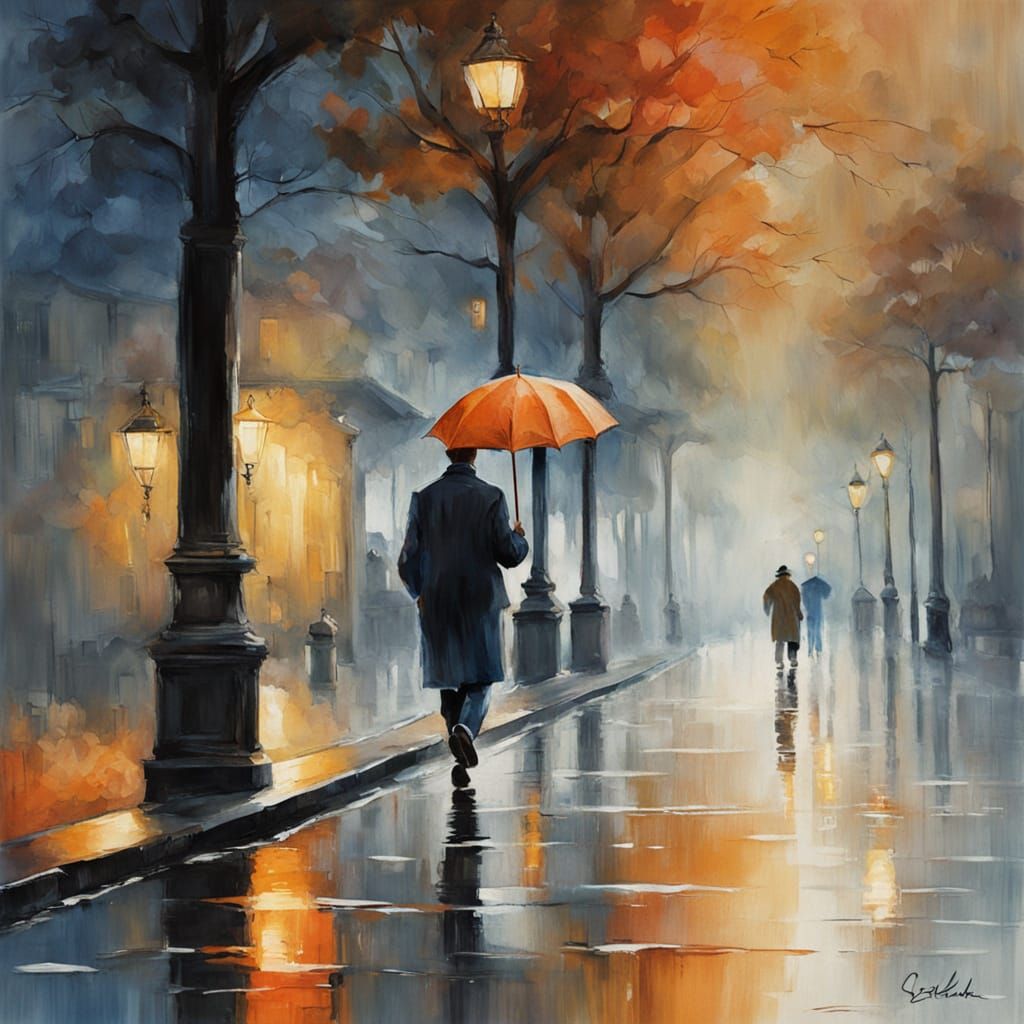 Woman Walks Alone on Rainy Street in Dreamy Watercolor Impre...
