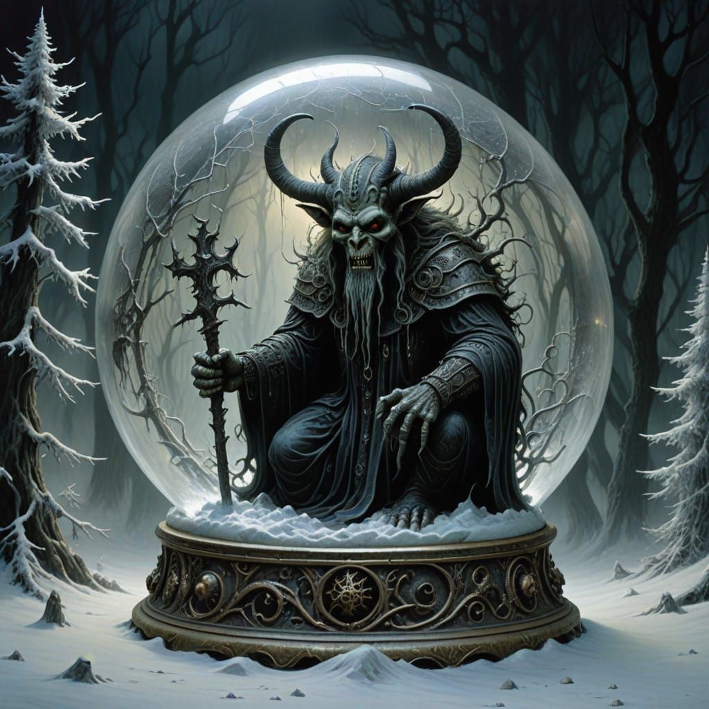 Krampus Trapped in Snow Globe Winter Wonderland Scene
