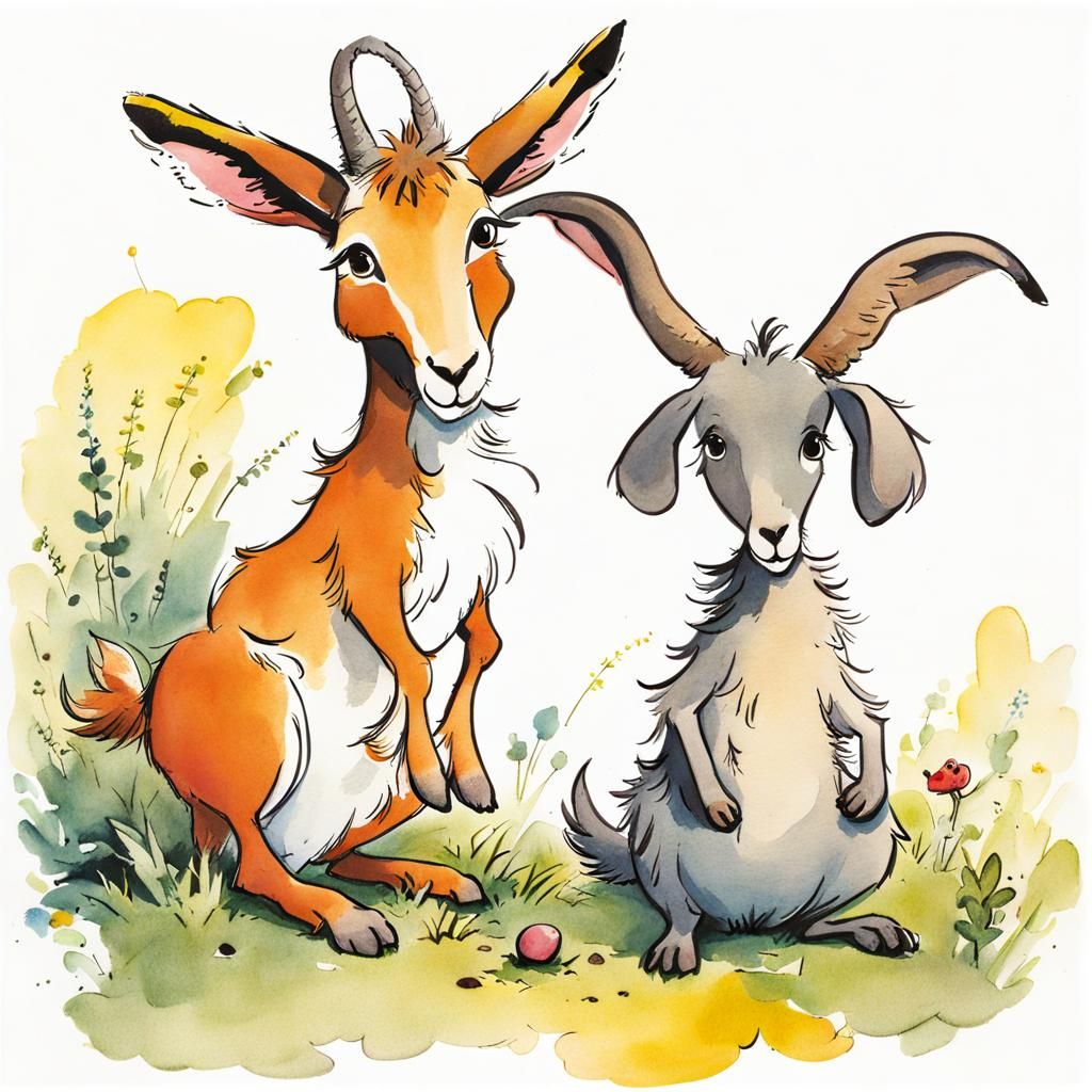 Chibi Goat and Kangaroo Illustration in Blake Style