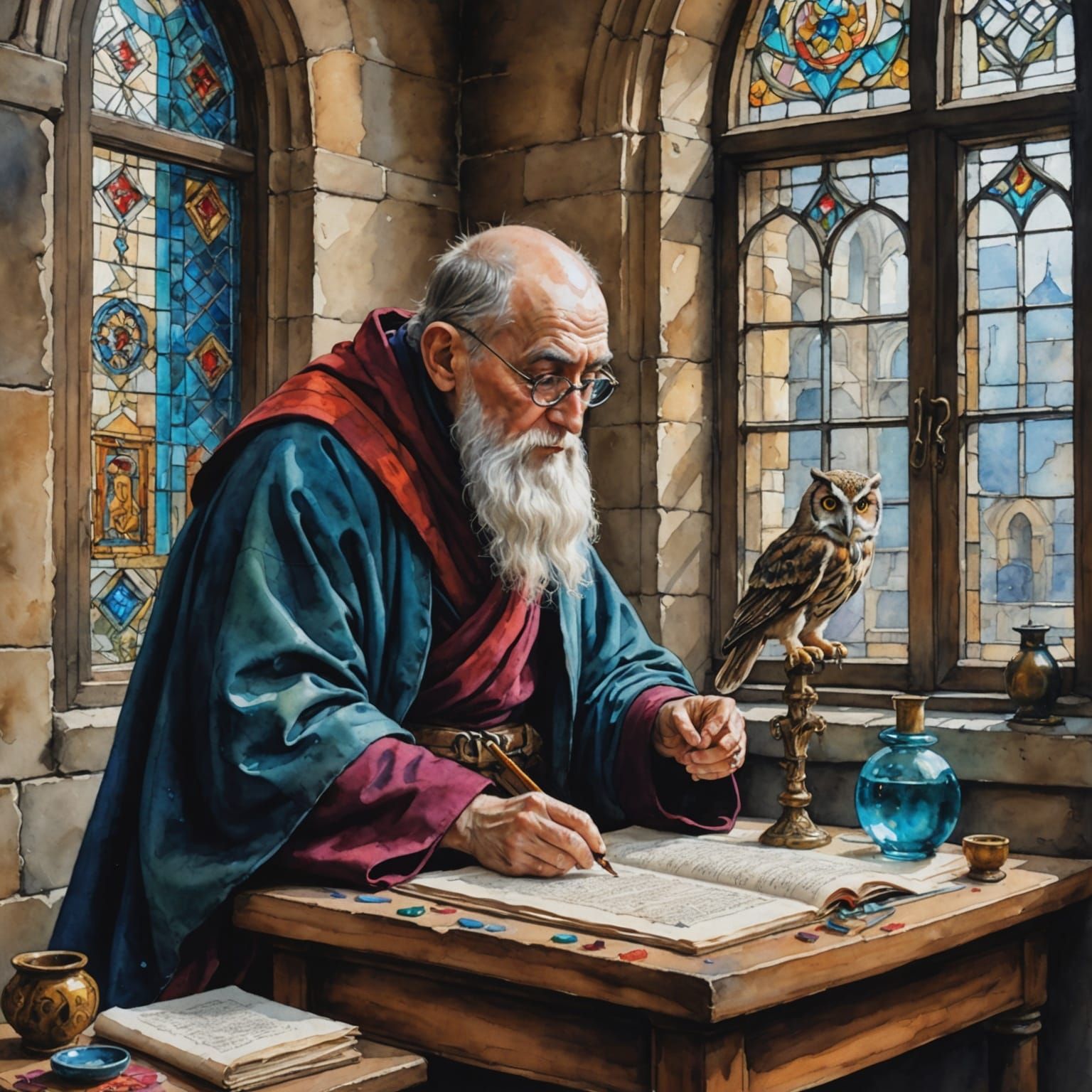 Monk in Stone Scriptorium: Watercolor Illustration