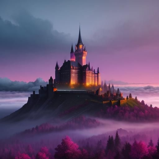 Medieval Castle on Misty Mountain at Sunrise