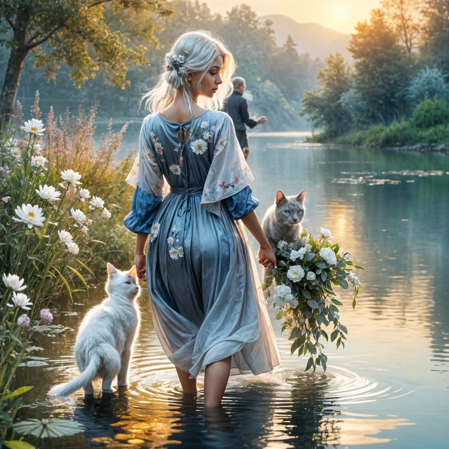 Bohemian Girl with Cat Walking at Dawn