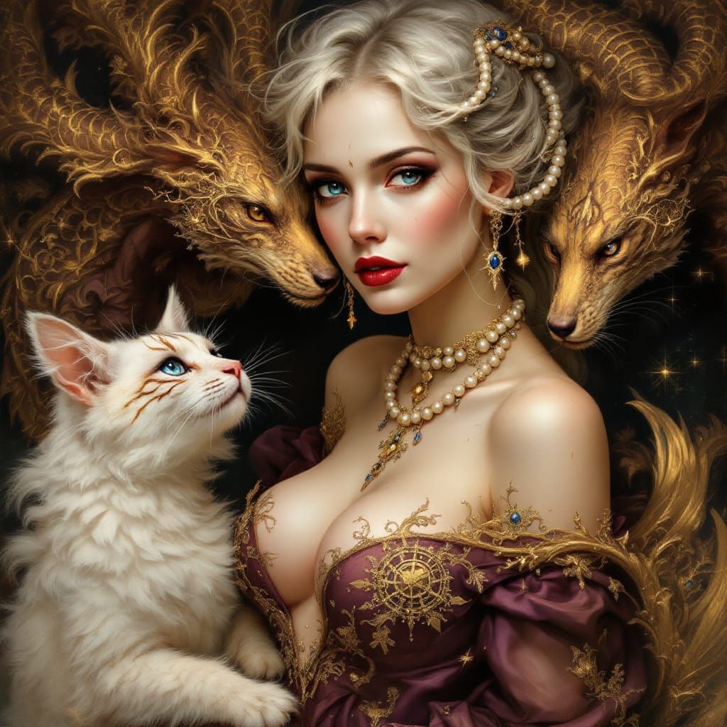 Baroque Fantasy Conjurer in Opulent Gown