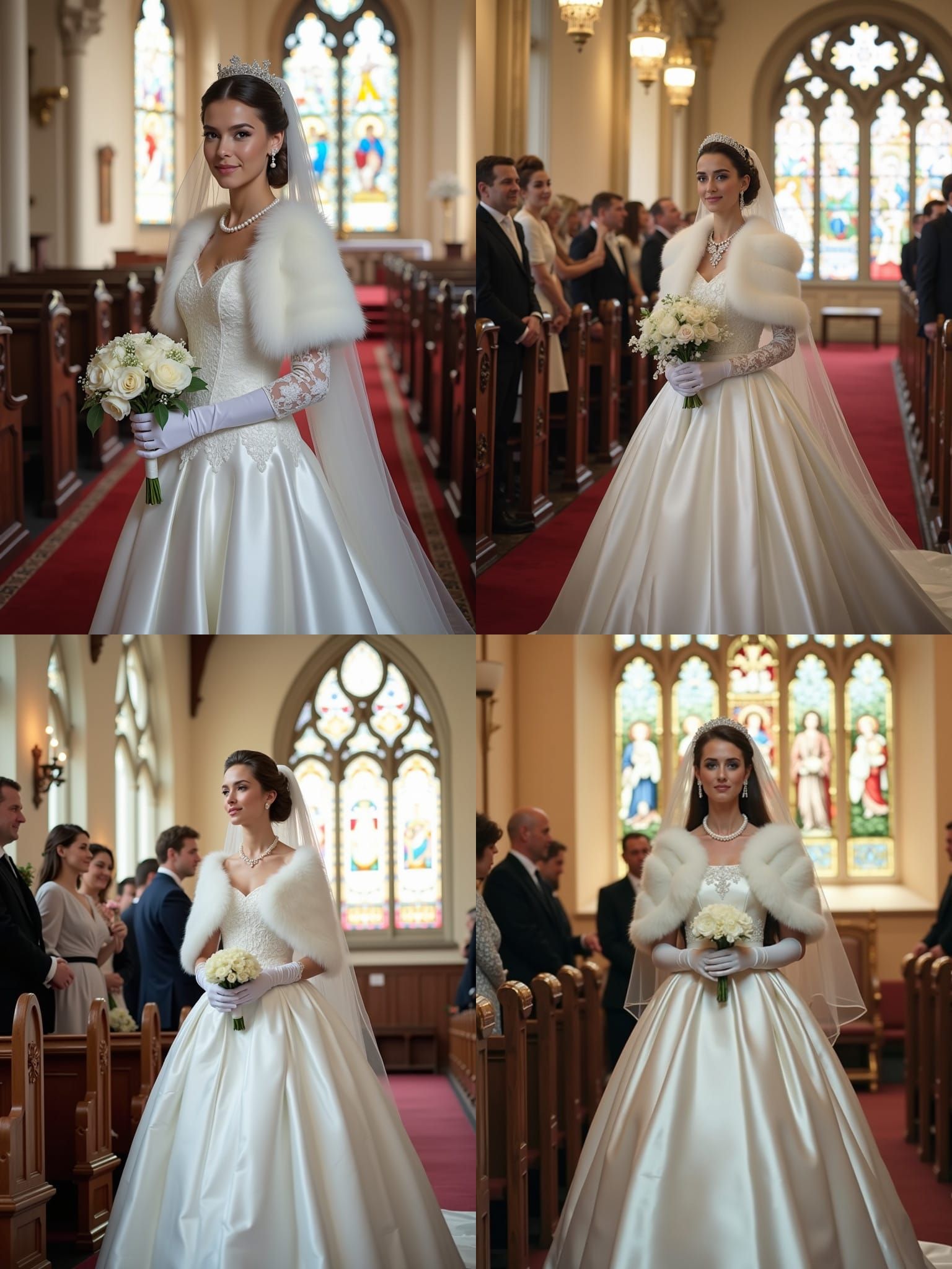 Bride in White Satin Tulle Wedding Dress