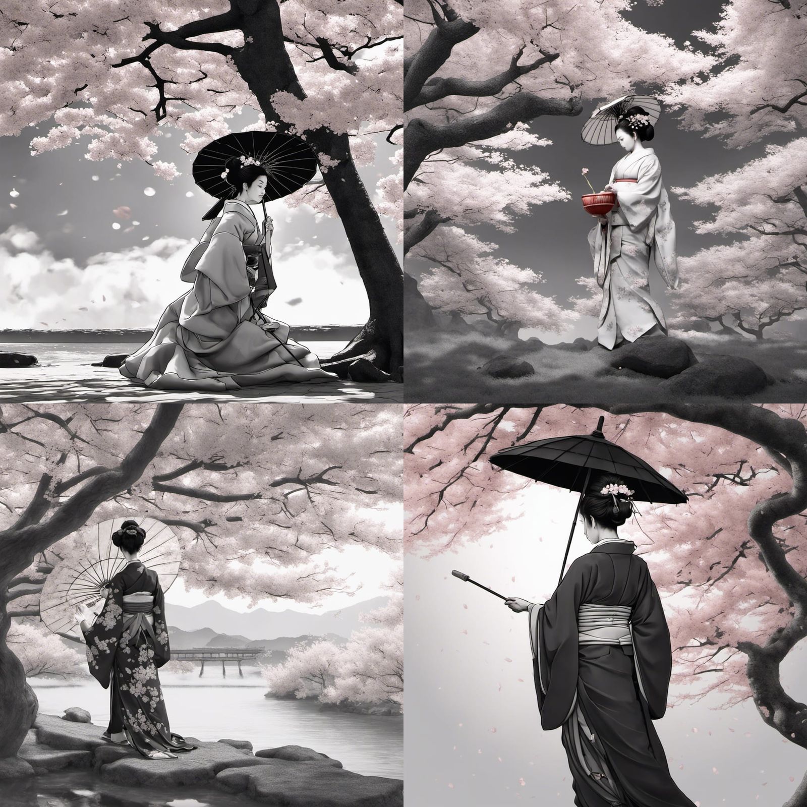 Monochrome Geisha with Umbrella Under Cherry Blossoms