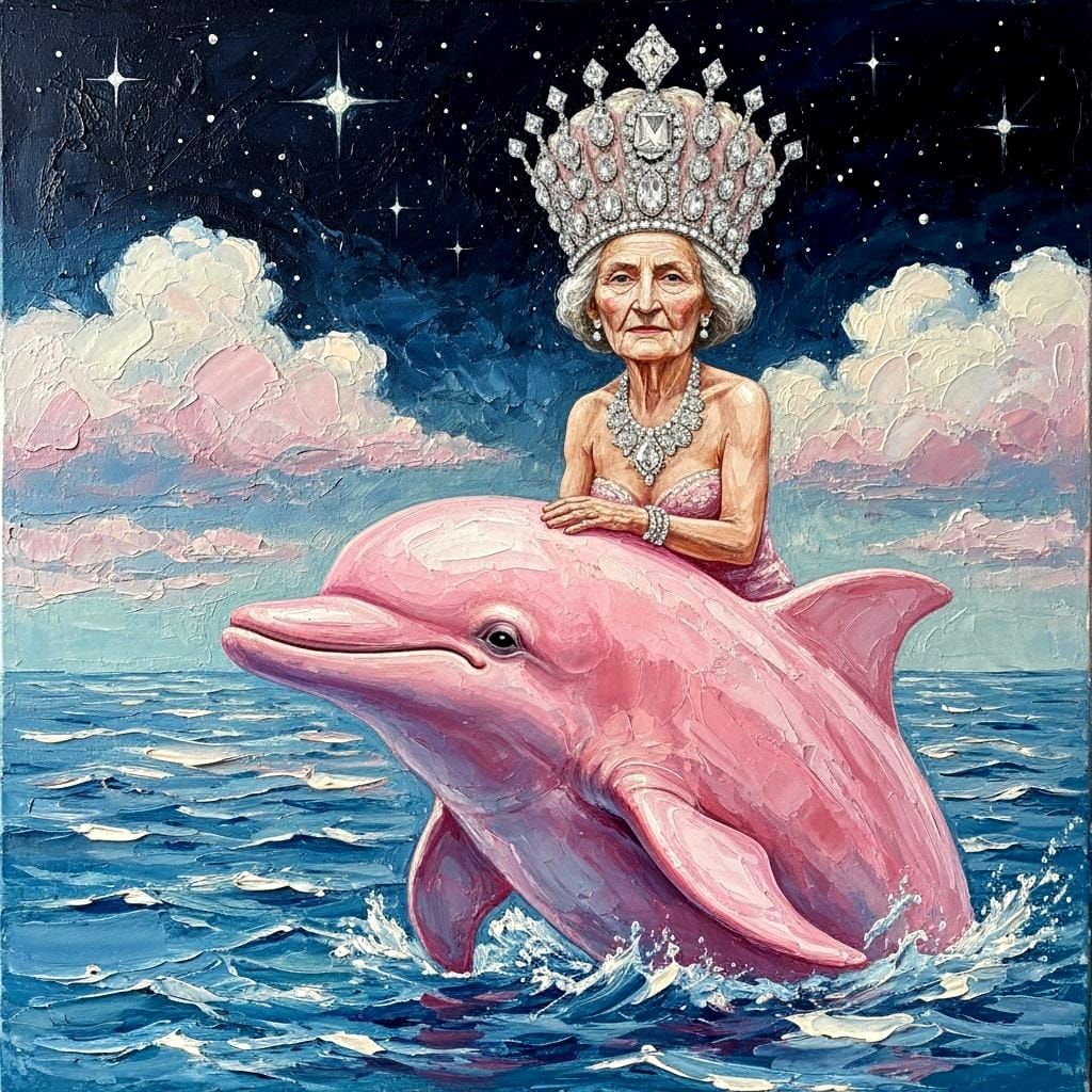 Diamond Crowned Woman Atop Dolphin, Impasto Oil Painting