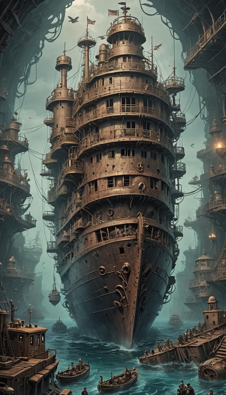 Sunken Ship in Dieselpunk Underwater Scientific Illustration