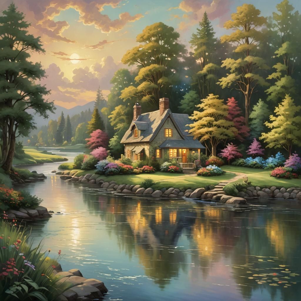 Idyllic Cottage by River in Warm Light
