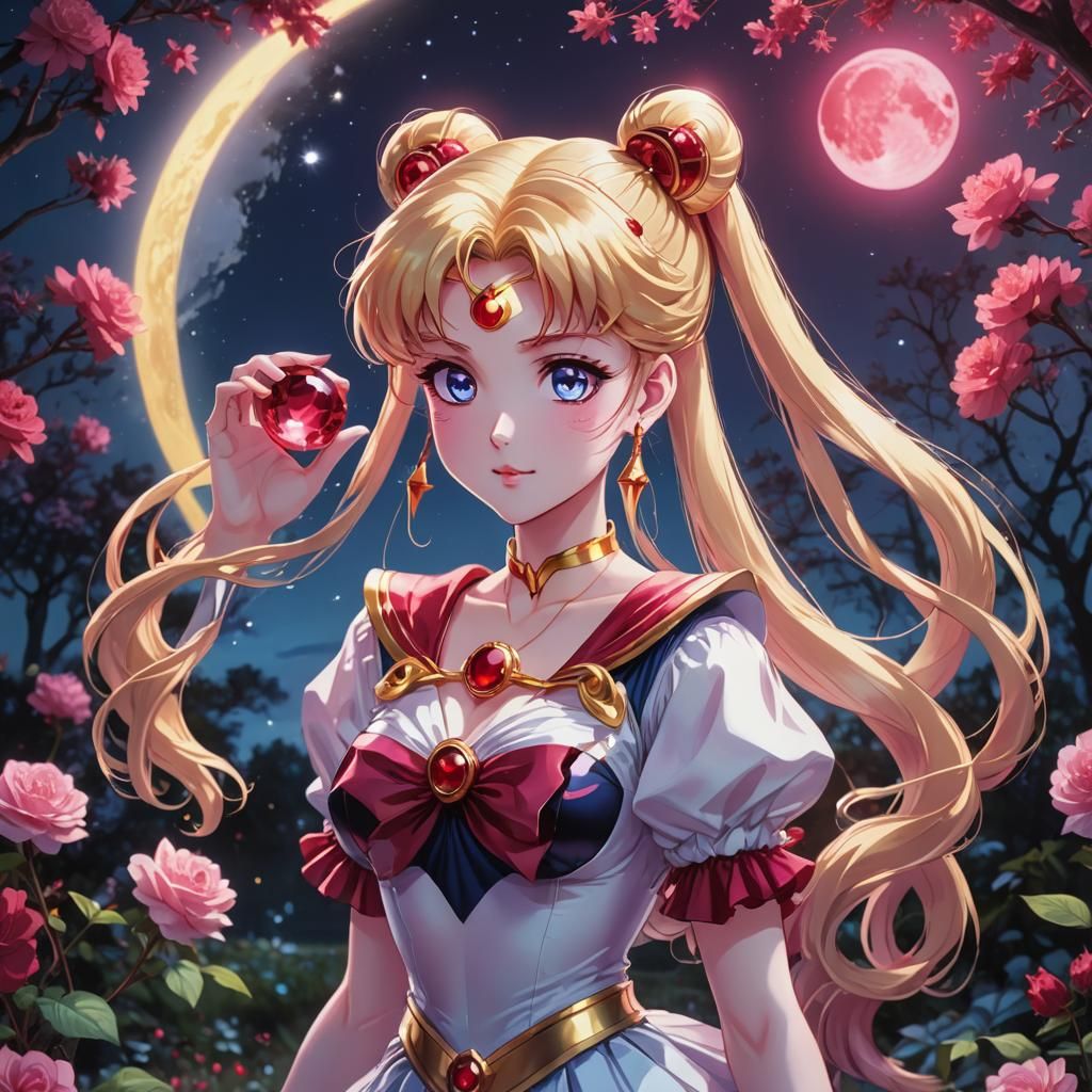 Sailor Moon in Moonlit Garden: Digital Anime Illustration
