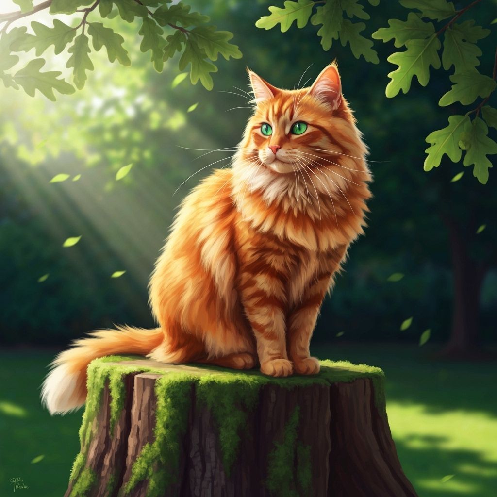 Fluffy Ginger Cat on Tree Stump in Sunlit Yard
