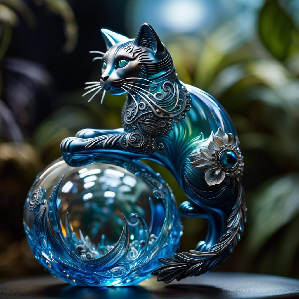 Blown Glass Cat Figurine with Waterfall Scene