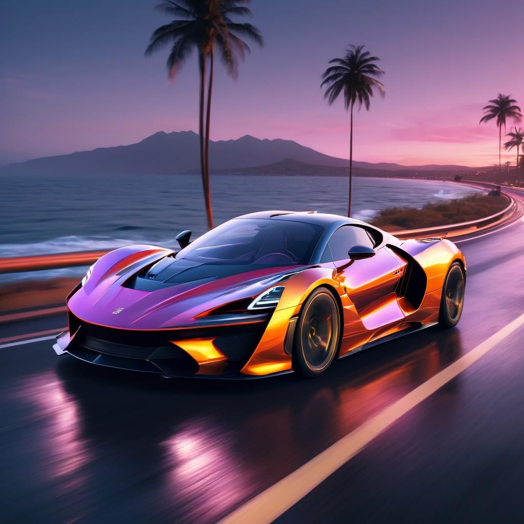 Cyberpunk Supercar on Coastal Road at Sunset