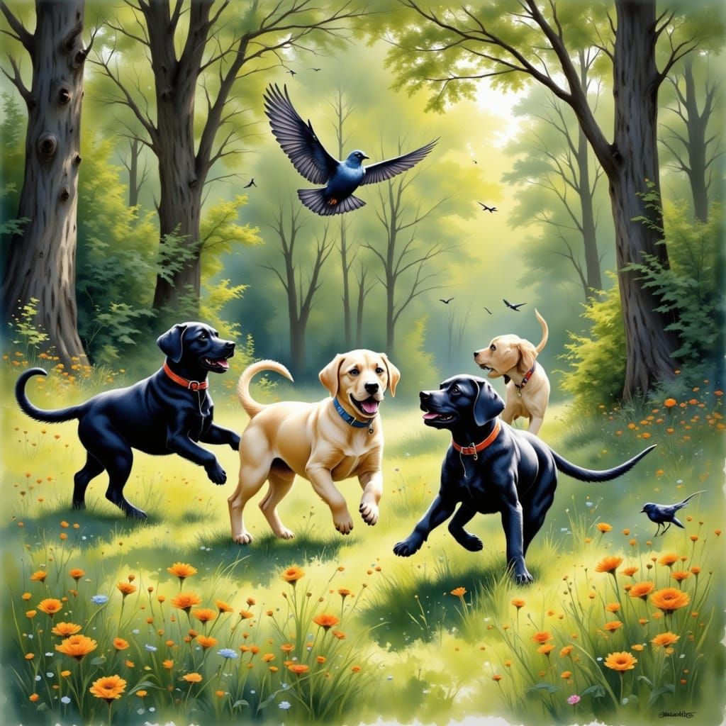 Labrador Puppies Chase Birds in Impressionist Park