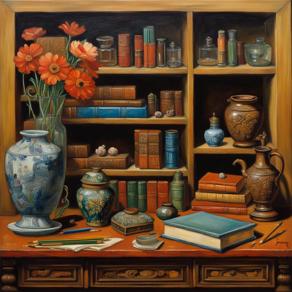 Still Life with Books and Carved Objects as Oil Painting