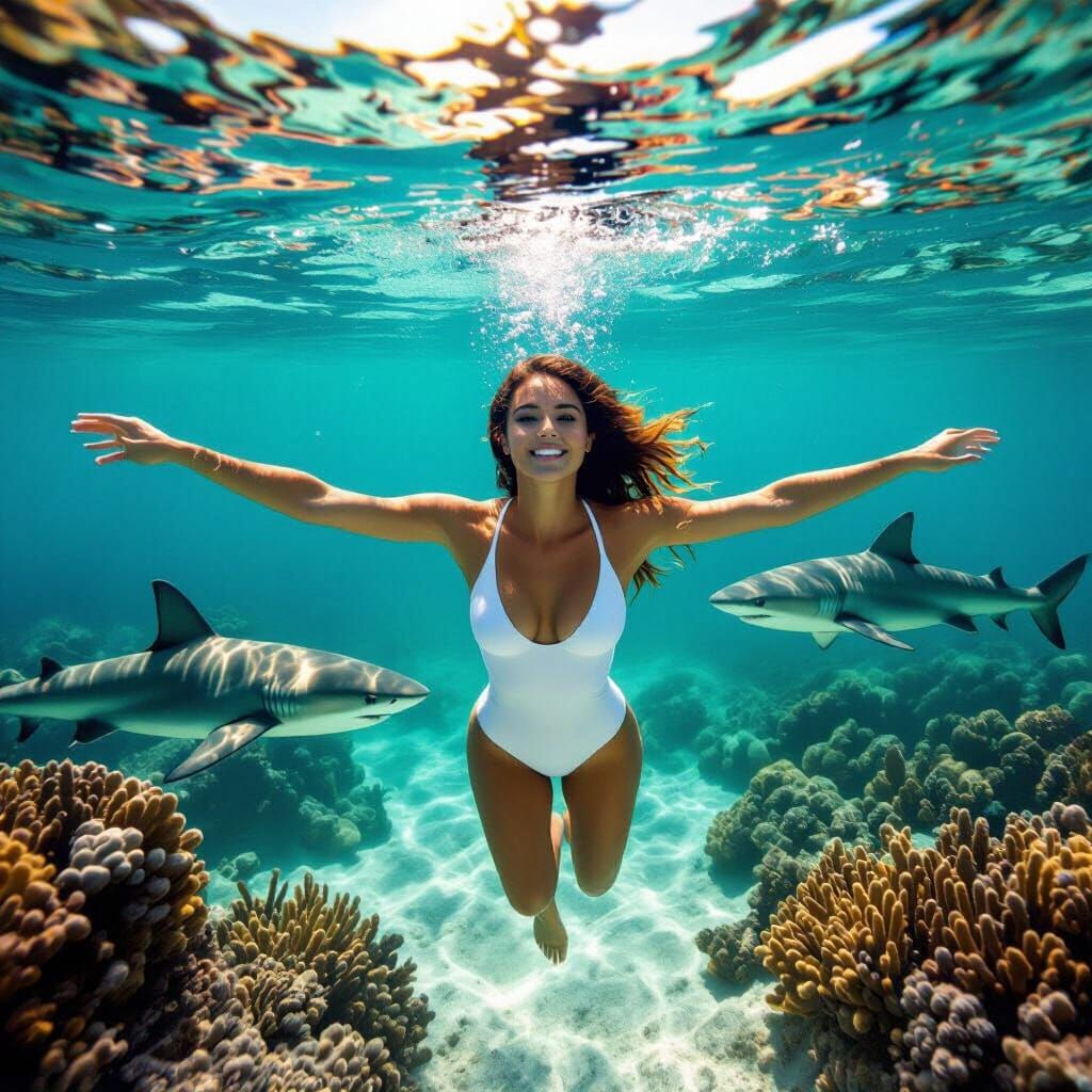 Woman Free-Swimming with Reef Sharks in Turquoise Sea