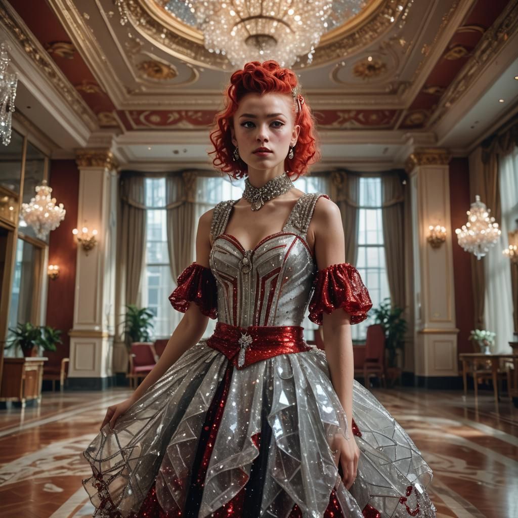Girl in Crystal Dress in Grand Ballroom