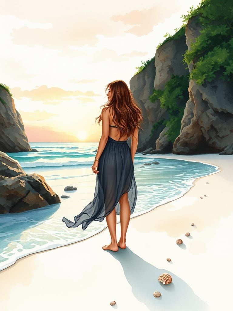 Ethereal Watercolor Scene of Enigmatic Woman on Secret Beach...