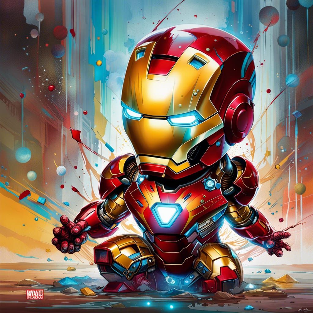 Dynamic Chibi Iron Man in High-Tech Setting