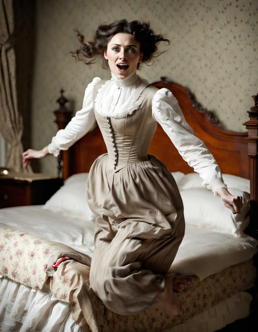 Victorian Woman Jumping on Bed Portrait